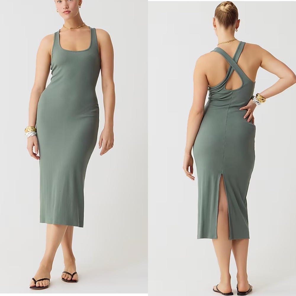 NWT JCREW Cross-back midi dress in vintage rib Topiary Green